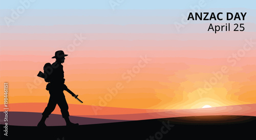 ANZAC Day April 25 commemorative banner, silhouette of a soldier walking at dawn, sunset landscape with military veteran, remembrance day vector