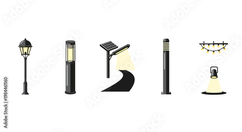 Various street lamps and light posts.