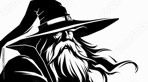 Wise wizard portrait in silhouette with hat and long beard design