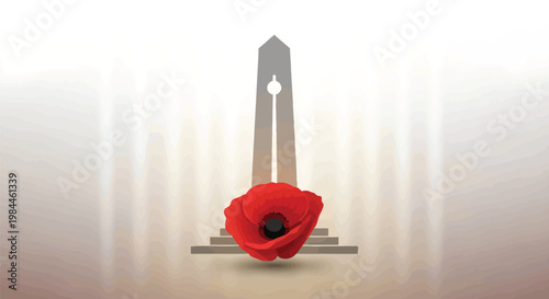 Remembrance Day red poppy flower and cenotaph monument vector, memorial day war veteran tribute, solemn commemorative poppy on stone pedestal