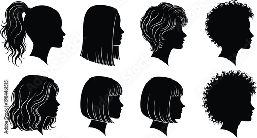 Silhouette profile heads, diverse hairstyles, ponytail, bob cut, curly hair, wavy hair, straight hair, hairstyle collection, fashion illustration, beauty concept