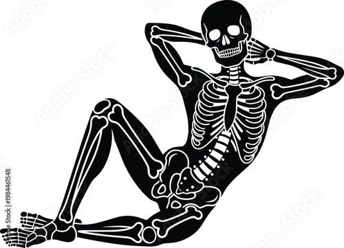 Skeleton reclining illustration, human bones artwork, anatomical drawing, relaxed skeleton pose, medical anatomy sketch, lounging skeleton art, skeletal figure design