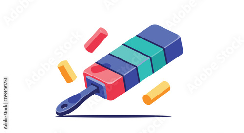 Stylized illustration of a multi-colored segmented tool or kitchen utensil with pink blue and green sections floating in space.