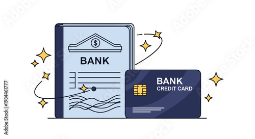 Financial documents including a blue bank passbook and a dark blue credit card surrounded by shimmering golden stars.