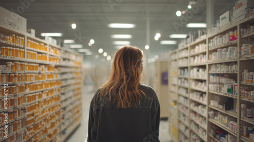 A person stands in a pharmacy aisle, surrounded by shelves filled with medicine bottles and health products.