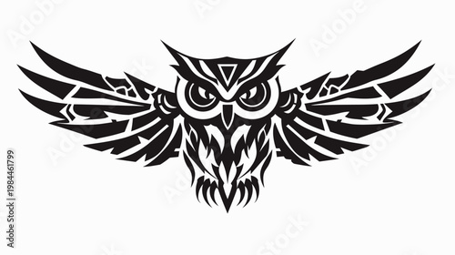 Stylized owl illustration with extended wings black and white isolated
