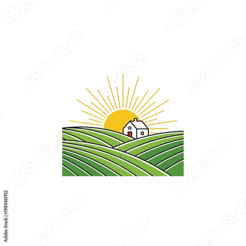 House on hills with sunburst