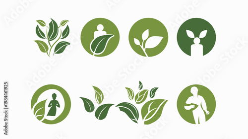 Set of green leaf and human figure logos for nature and health concepts