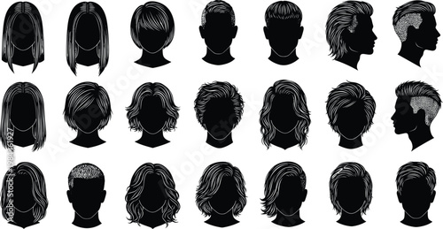 Human head silhouette collection, diverse hairstyles vector set, fashion haircut icons, barber shop design, hairstyle variation illustration, beauty concept