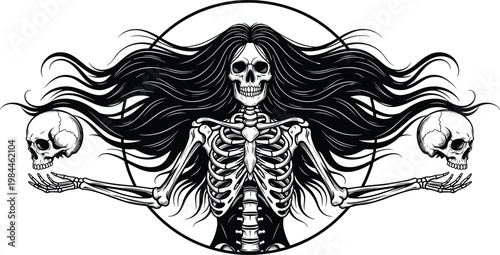 Gothic skeletal figure with flowing hair, holding skulls, dark anatomy art, symbolic mortality balance, black and white illustration, haunting design