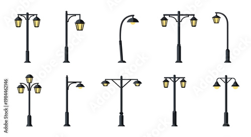 Various street lamps on white background.