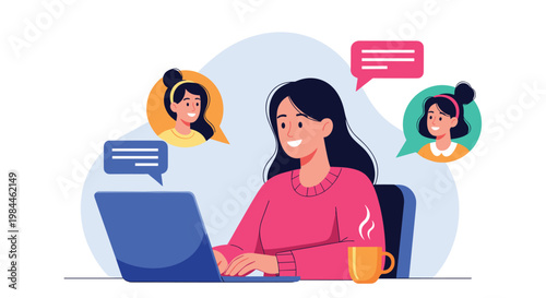 Illustration of a woman using a laptop for video conferencing with two other women shown in circular floating avatars.