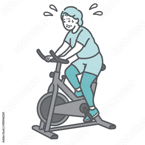 辛そうにフィットネスバイクを漕ぐぽっちゃりシニア女性のイラスト