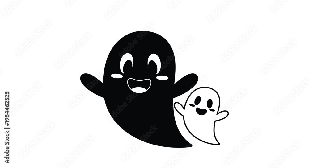 Obraz premium Black and white silhouette of two friendly cartoon ghosts one large and one small floating together for halloween.