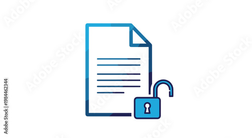 Illustration of a white document page with blue lines and a blue open padlock indicating unlocked data or accessible information.
