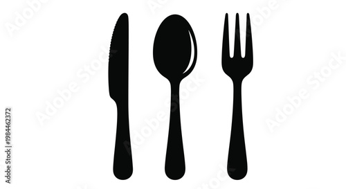 Solid black silhouette of a knife a spoon and a fork arranged vertically for restaurant menus and dining icons.
