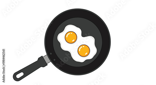 Top view of two sunny-side-up fried eggs cooking in a black frying pan with a handle isolated on a clean white background.