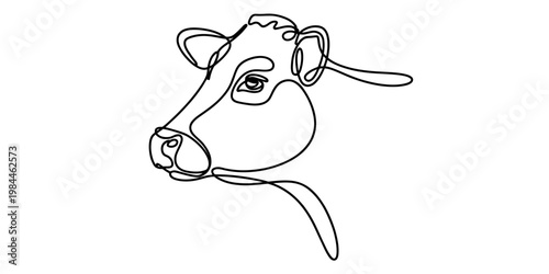 Minimalist continuous line drawing of a cow head profile isolated on a white background.