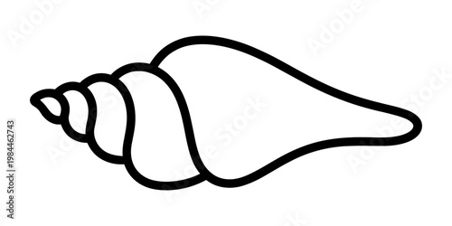 Minimalist black and white line drawing of a spiral seashell for coloring and design purposes.