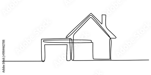 Continuous one line drawing of a house with a garage and chimney on white background