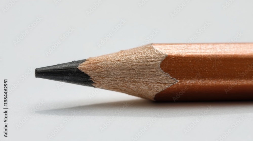 Obraz premium A sharpened wooden pencil with black graphite tip and fine grain texture on light gray background.
