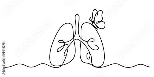 Minimalist continuous line drawing of human lungs with a delicate butterfly representing breath