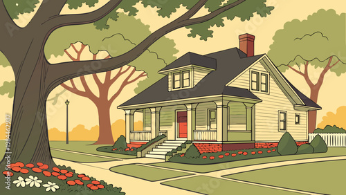 A rural estate cottage with traditional architecture sits nestled in the nature of a forest landscape on a hill by a country road under a blue sky