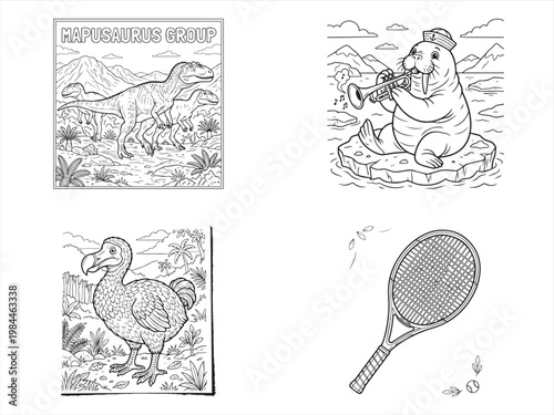 Coloring book illustrations, prehistoric animals, educational drawings, recreational activities