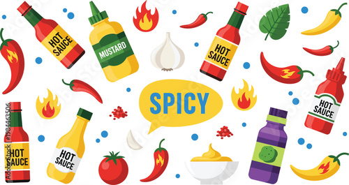 Spicy food vector set with hot sauce bottles chili peppers mustard and ingredients illustration isolated on white