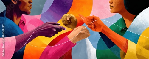 Hands connecting with threads in a colorful illustration of community, diversity and collaboration
