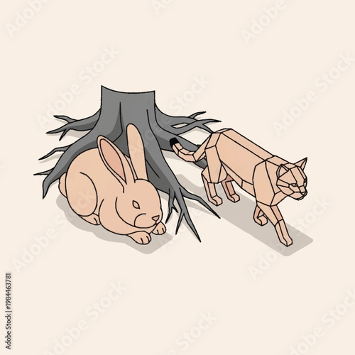 A cat and a rabbit sitting by tree.