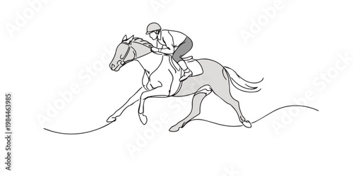 single line equestrian athlete.continuous line drawing of rider on horse in dynamic motion.sport and competition concept.one line vector illustration.