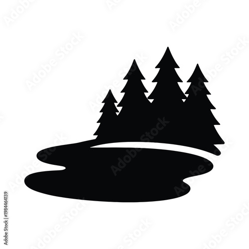 Forest Lake Silhouette Vector Illustration – Pine Trees and Pond Nature Icon

