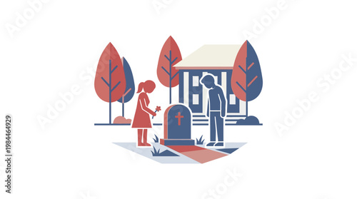 Mourners at a Grave in a Cemetery