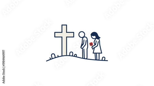 Minimalist Funeral Scene with Mourners at a Cemetery Grave