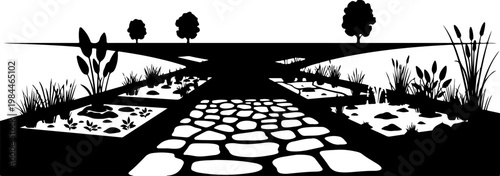 Black and white park silhouette with stone path and botanical plants.