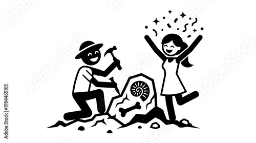 Excited Archeologists Uncovering Fossil