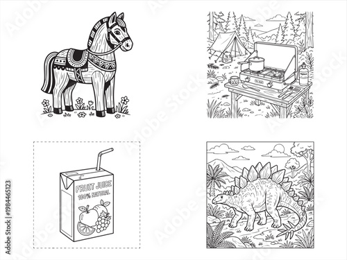 Black and white, coloring book, illustrations set, 4 drawings, horse, dinosaur, camp, juice box