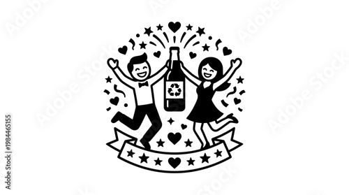 Celebratory Couple Rejoicing with Champagne Bottle