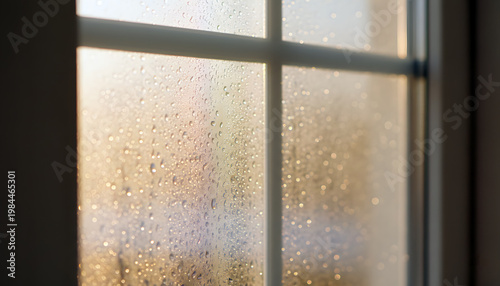 A window with raindrops on it, illuminated by warm sunlight from outside