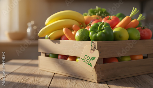 A wooden crate filled with fresh fruits and vegetables on a kitchen table