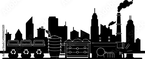Waste management and industrial recycling facility city silhouette.