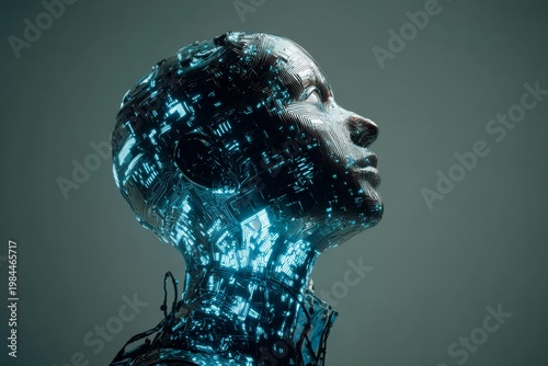 Futuristic fusion: the blend of artificial intelligence and organic form. Color blocking. Glowing digital form with circuitry: the future of ai integration. Dark aesthetic. High contrast.