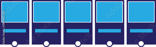 Row of five electronic devices screens or tablets display blue area.