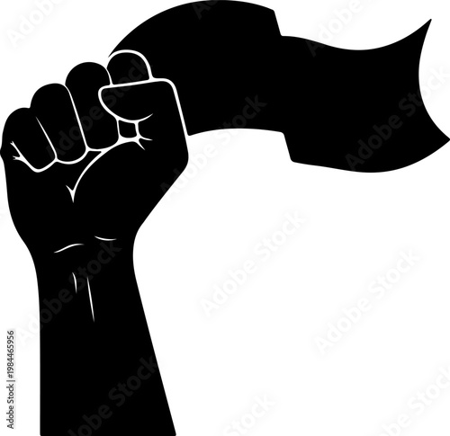 Raised fist holding waving flag silhouette for protest and activism.