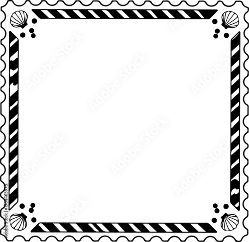 Square nautical postage stamp frame with striped border and seashells.