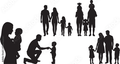 Silhouettes of diverse people walking and running in various poses against a plain background