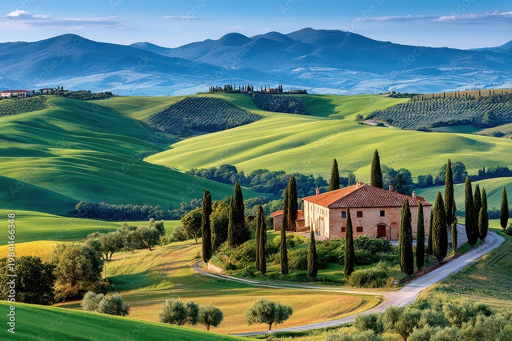 Fototapeta premium Sunlit Tuscan farmhouse amid rolling green hills and cypress-lined country road