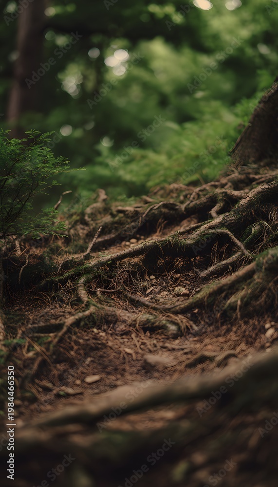 Fototapeta premium Ancient tree roots embrace damp earth a tranquil woodland scene evokes peaceful organic textures