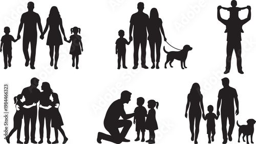 Black silhouette of family life moments and activities in simple style silhouettes white background